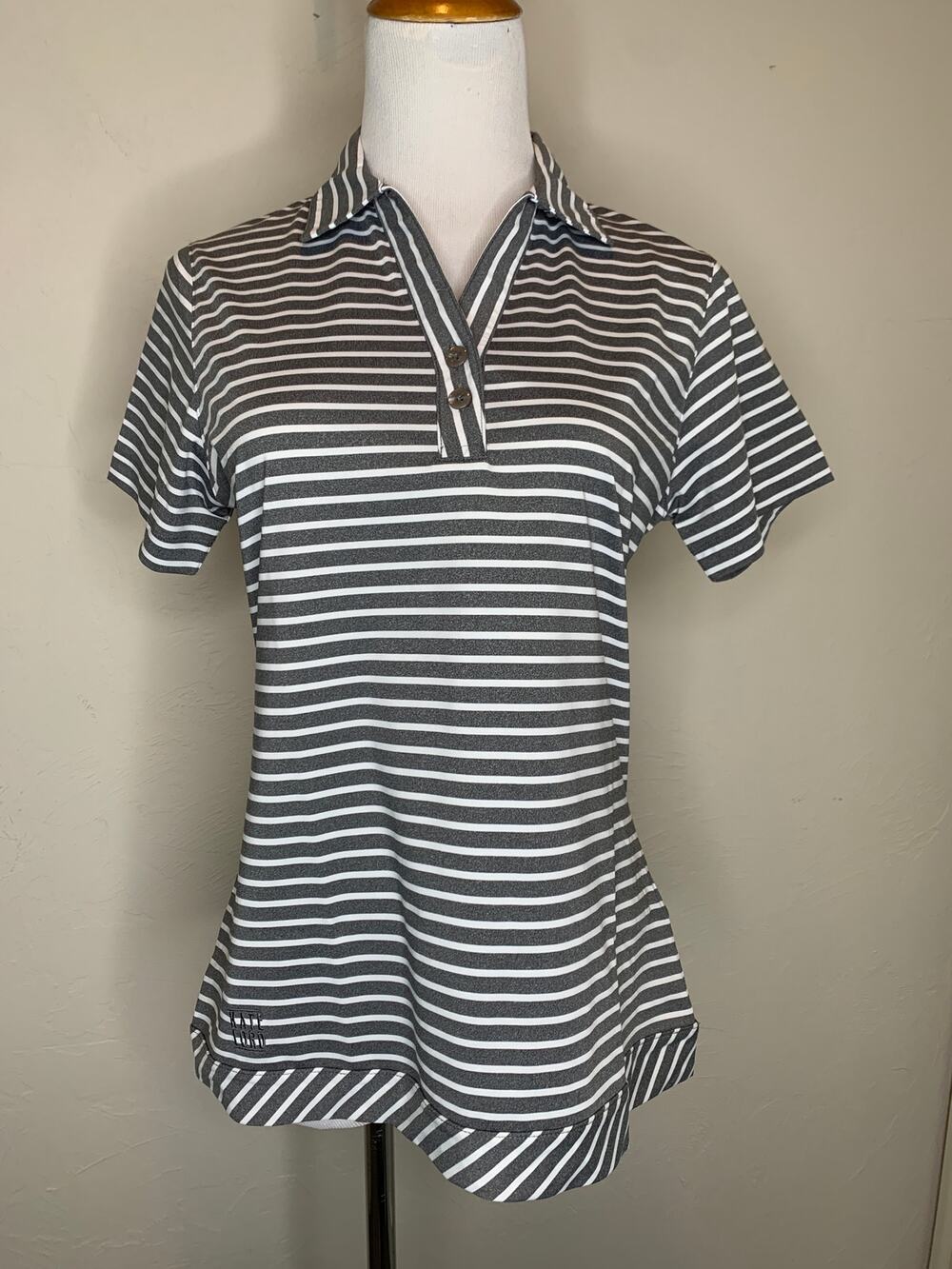 Kate Lord Gray White Striped Polo Shirt Sz Small